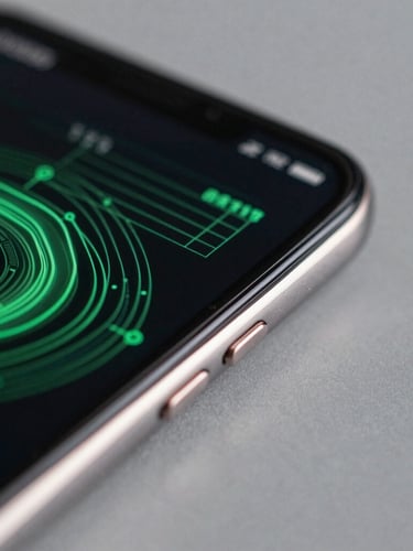 Extreme close-up macro shot of a flagship Android phone screen edge, displaying a high-refresh-rate technical wireframe interface with electric green glowing lines, dark studio lighting, metallic rim reflections.