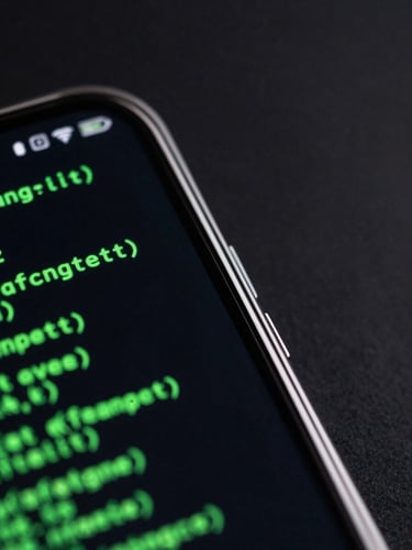 Extreme close-up macro shot of a modern bezel-less Android flagship screen displaying a high-contrast terminal interface with glowing green code lines reflecting off the curved glass edge, dark studio setting
