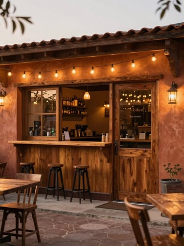 Warm editorial photography of an inviting rustic bar entrance at golden hour, warm string lights glowing, wooden tables outside, 35mm