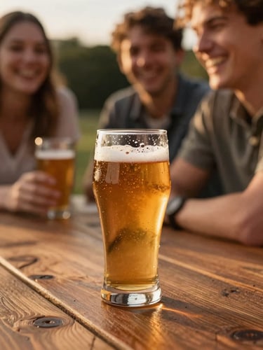 Tight close-up of friends laughing around a rustic wooden table at golden hour, a condensation-dripping craft beer glass in the foreground, warm amber lighting, shallow depth of field, 35mm.