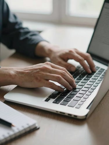 Close-up medium shot of hands resting on a laptop keyboard on a minimal desk, a notepad with handwritten notes visible to the left, soft natural window light from the side, shallow depth of field, clean and focused