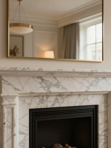 Close-up of premium interior finishes in a Mayfair apartment, marble fireplace, warm ambient light, architectural lens