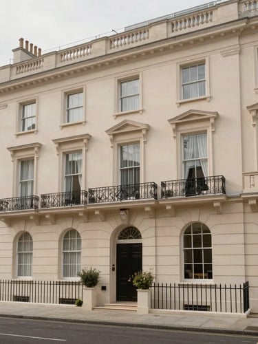 Wide architectural shot of a grand stucco-fronted Belgravia townhouse exterior, soft overcast London daylight, straight vertical lines.