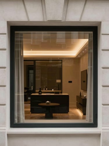 Elegant residential interior of a Mayfair apartment, warm interior accent lighting, muted tones, high-end finishes, architectural lens.