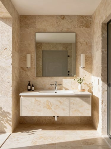 Straight-on architectural elevation of a sunlit luxury bathroom with perfect light stone tiling, warm Mediterranean daylight, medium format lens