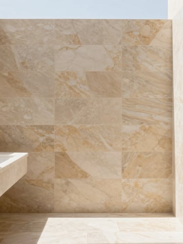Straight-on architectural elevation of a sunlit luxury bathroom, perfect marble tiling alignment, soft Mediterranean daylight
