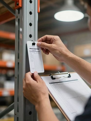 Close-up of a technician's hands affixing an official inspection tag to an industrial shelving upright in a warehouse, clipboard with load calculation sheets visible beside the rack, harsh overhead warehouse light, no face shown, documentary framing