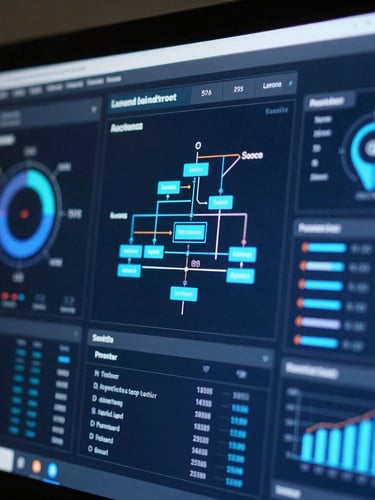Macro shot of a high-fidelity analytics dashboard showing real-time telemetry, crisp neon-blue accents, and system architecture diagrams, cool-toned screen glow.
