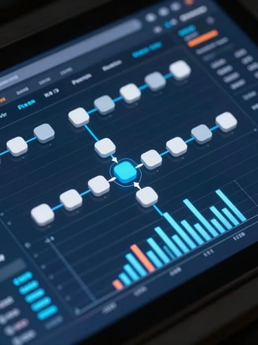 Isometric macro shot of a high-fidelity data pipeline dashboard interface, showing node telemetry and crisp high-contrast charts, cool-toned studio lighting with deep blue ambient glow, razor-sharp technical precision