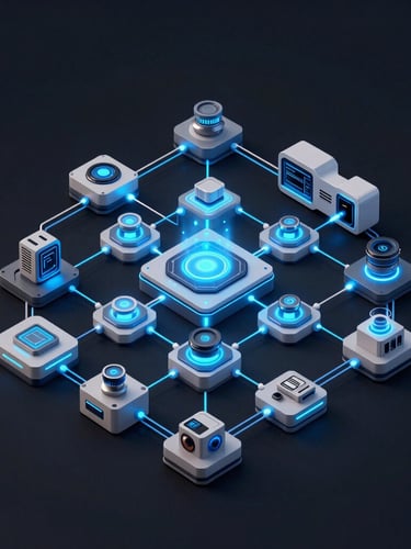 Isometric system architecture diagram showing modern data pipeline ingestion-to-insight flows, clean vector lines over dark background, sharp neon-blue telemetry highlights.