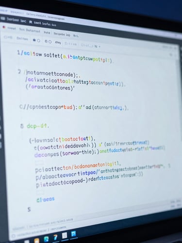 Macro close-up of a modern IDE screen showing clean Python and SQL code blocks, cool-toned blue ambient backlighting, sharp focus on syntax highlighting, technical precision.