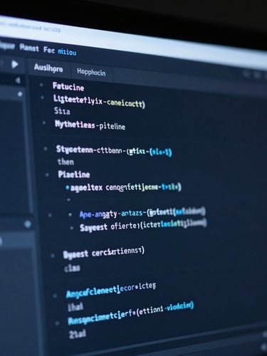 Macro shot of a modern IDE interface displaying clean Python data pipeline configurations, cool blue ambient screen glow, dark background focus.