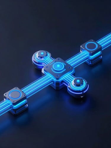 Isometric 3D schematic of a modern data pipeline, glowing neon-blue and indigo data streams flowing through processing nodes, dark background, sharp technical rendering.