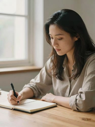 A warm-toned portrait of an administrative coordinator sitting at a clean wooden desk, writing in a notebook near a window with soft natural daylight, shallow depth of field.