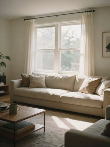 Warm editorial photograph of a clean, well-lit modern living room with soft natural daylight streaming through a large window, calm muted earth tones, shallow depth of field, 35mm film look.
