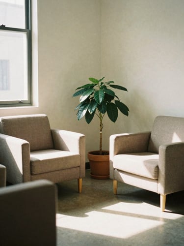 Warm natural daylight illuminating a clean, modern counseling room with two comfortable chairs, a potted plant, and soft shadows, 35mm film style