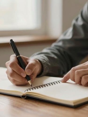 A resident writing in a notebook at a wooden table, warm morning light filtering through a window, soft focus, dignified atmosphere