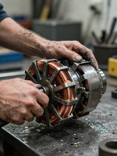Close-up of weathered hands gripping a disassembled electric motor stator on a steel workbench, copper windings visible in sharp detail, harsh overhead work-light casting strong shadows across the metal laminations, industrial workshop background out of focus