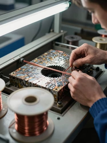 Wide workshop shot of a technician's hands feeding magnet wire through stator slots at a rewind bench, spool of copper wire in the foreground, fluorescent work lights casting sharp shadows across the lamination stack