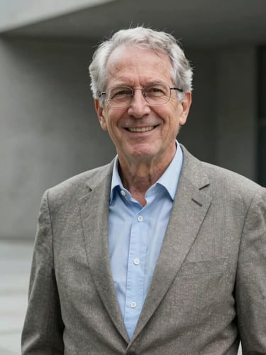 Professional, unsmiling environmental portrait of a senior investigator in neutral business attire, cool overcast daylight, architectural concrete background, portrait aspect.