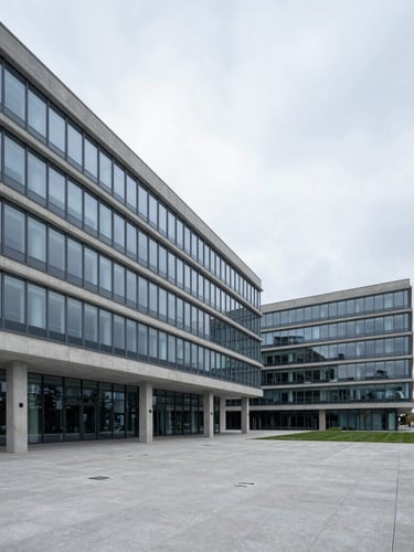 Wide architectural view of a modern concrete and glass corporate headquarters under overcast cool daylight, clean lines, vast negative space.