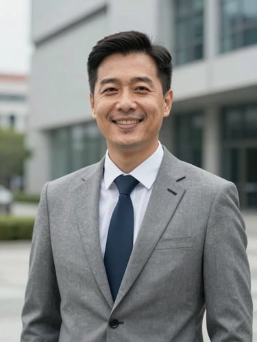 Professional unsmiling environmental portrait of an investigator in neutral business attire, cool overcast daylight, architectural background