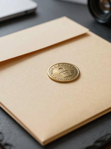 Macro close-up of a secure, sealed evidence folder resting on a dark slate desk, cool overhead lighting, selective focus on the official seal.