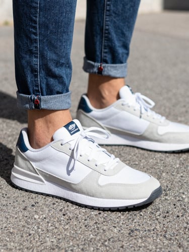 Close-up shot of trendy modern sneakers on asphalt in Casablanca, direct bright daylight, high-contrast urban streetwear photography