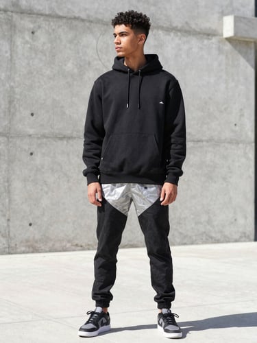 Dynamic mid-shot of a young Moroccan model wearing a modern black streetwear hoodie and stylish pants in an urban concrete setting, sharp direct sunlight