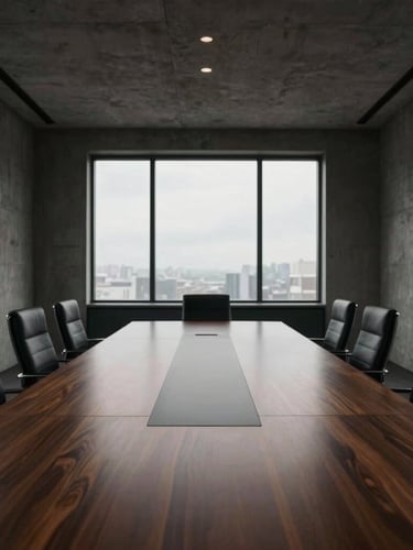 Symmetrical perspective of an empty high-end executive boardroom with natural light streaming through windows, concrete walls, sharp focus