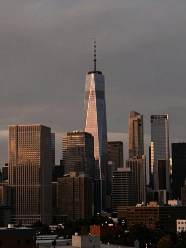 Wide environmental shot of a metropolitan skyline at dusk under heavy overcast clouds, deep obsidian and warm bronze tones, 35mm