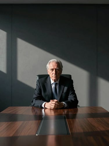 Symmetrical high-contrast portrait of a senior executive in a modern boardroom, sharp architectural shadows, moody overcast daylight, deep obsidian tones, sharp focus, 35mm