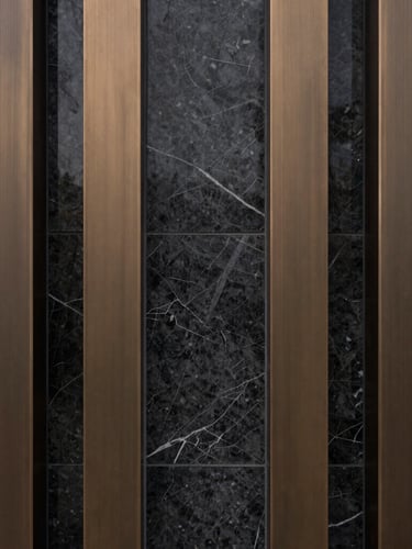 Symmetrical close-up of premium dark marble and brushed bronze panels, sharp architectural lines, moody overcast daylight, 35mm