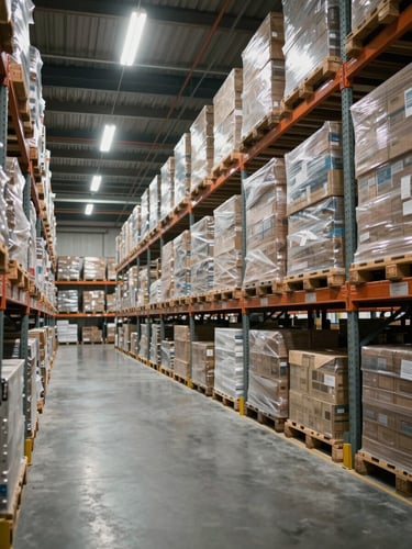 Interior of a large distribution warehouse, overhead fluorescent lighting casting even illumination across rows of palletised goods on metal shelving, wide-angle shot showing depth and scale, no people visible, clean concrete floor