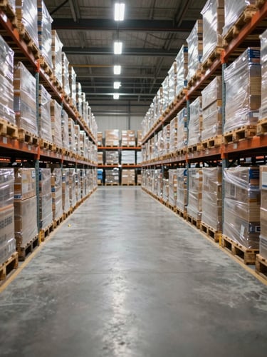 Wide interior shot of a large distribution center, rows of stacked pallets receding into depth, even overhead industrial lighting, no people, clean concrete floor