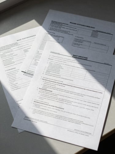 Close overhead study of shipping documents, customs forms, and a manifest spread on a grey desk, directional daylight from the left, crisp paper texture visible
