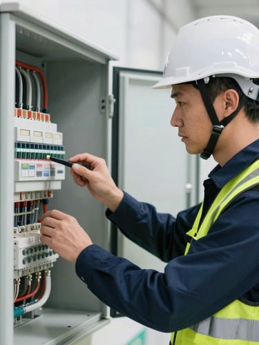 Professional engineer in a white helmet and high-visibility vest inspecting an electrical panel in a bright facility, medium close-up, 35mm lens
