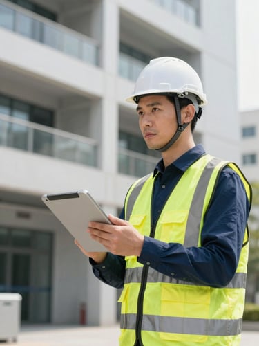 Professional engineer wearing a white hardhat and safety vest, holding a digital tablet, inspecting technical infrastructure inside a modern building, daylight, crisp details, sora-ibm-plex style