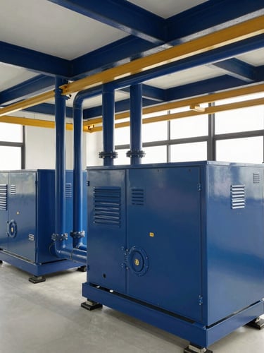 Wide environmental shot of a clean, well-maintained hotel mechanical room with blue pipes and generators, bright daylight, professional engineering photography