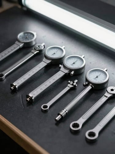 A neat row of precision measuring tools, micrometer, dial indicator, and torque wrench laid out on a clean black workbench, high-contrast industrial lighting