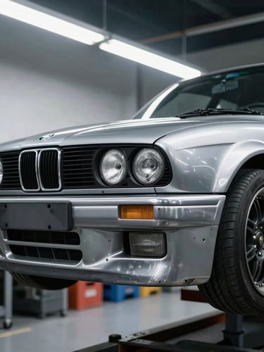 Sharp industrial photography of a clean bare-metal E30 M3 chassis on a rotisserie stand under harsh workshop fluorescent lighting, high-contrast metallic tones, crisp 35mm detail