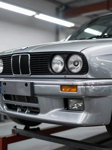 A portrait shot of the bare-metal E30 M3 rear subframe with custom reinforcement plates welded in place, clean industrial workshop lighting, 35mm