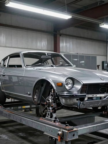 Straight-on profile of a stripped 1972 Datsun 240Z steel chassis on a heavy metal rotisserie, harsh fluorescent workshop lighting, raw metal and weld seams visible, industrial 35mm photography