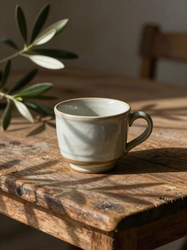 A rustic ceramic cup on a weathered wooden table, soft shadows of olive branches dancing on the surface, quiet morning atmosphere.