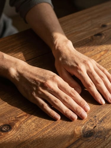 Primer plano de manos en reposo sobre una mesa de madera rústica, luz suave de atardecer proyectando sombras sutiles, estética orgánica y minimalista.