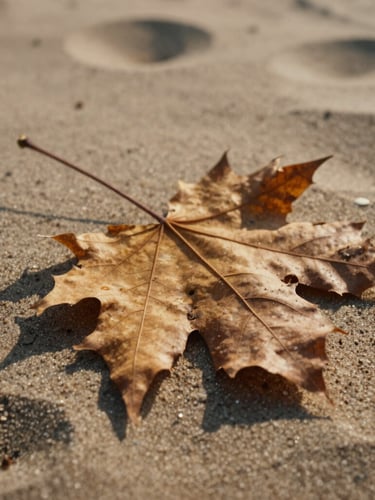 Close-up of dry autumn leaves with rich organic textures resting on warm sand, soft morning shadows, natural indirect light, cinematic composition.