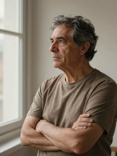 Retrato honesto de un terapeuta de unos 45 años en actitud reflexiva, luz natural indirecta de ventana, mirando ligeramente al lado de la cámara, fondo minimalista texturizado de yeso, tono terroso.
