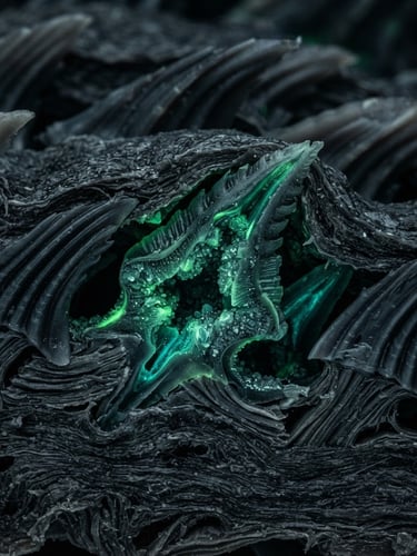 High-contrast macro image of a shark skin denticle structure, extreme close-up, laboratory lighting, deep slate and bio-luminescent green tones, cross-sectional view, 100mm lens