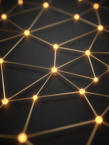 Abstract 3D render of data visualization, glowing golden nodes connected by lines, dark matte black background, digital analytics interface, low-key lighting, futuristic.