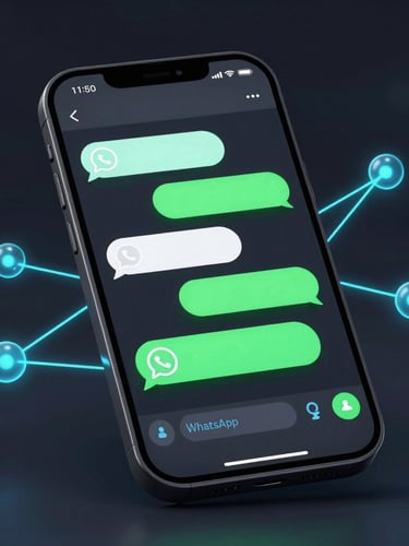 Sleek dark-mode 3D render of a smartphone displaying a high-fidelity WhatsApp conversation mockup with neon green active chat bubbles, glowing node connections in the background, octane render